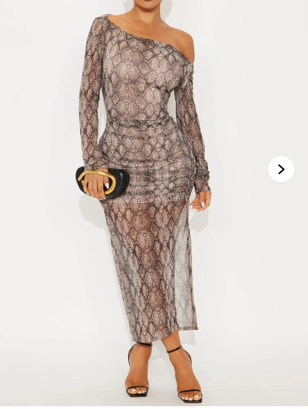 Fashion Nova One-Shoulder Snake-Print Mesh Midi Dress - Brown/Black
